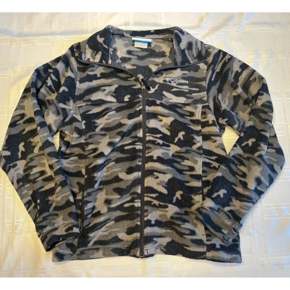 Columbia Fleece Jacket Boys Kids 14/16 Grey Camo Full Zip Camouflage Sweater